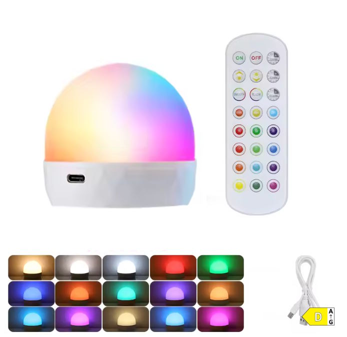 RGB-Leuchtmittel mit Fernbedienung und USB-Ladekabel
